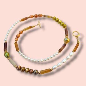 Freshwater Pearl Necklace Tiger Eye Plated Yellow Gold 19in Beach Coastal Boho
